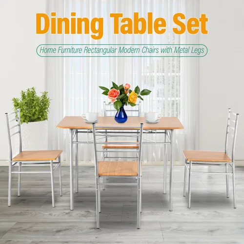 Vista 2 de Juego de mesa de comedor PayLessHere, mesa de madera y 4 sillas modernas con patas de metal, muebles rectangulares para el hogar