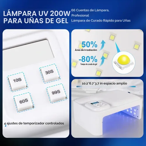 Vista 5 de Lámpara de uñas UV de 200 W, plegable, lámparas UV para uñas de gel, 4 ajustes de temporizador, sensor automático, lámpara LED profesional de uñas