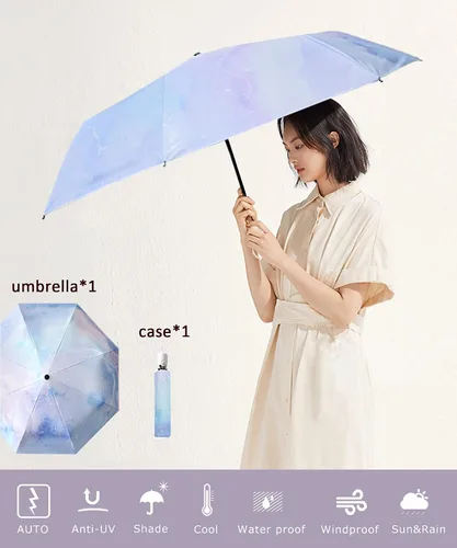 Vista 6 de Choedii Sombrilla de sol con protección UV compacta portátil automática para viajes para caminar mujeres impermeable plegable diseño de nebulosa 11
