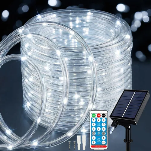 Vista 13 de ANJAYLIA Cuerda de luces solares de 33 pies con 100 luces LED para exteriores, impermeable, funciona con energía solar con 8 modos para exteriores