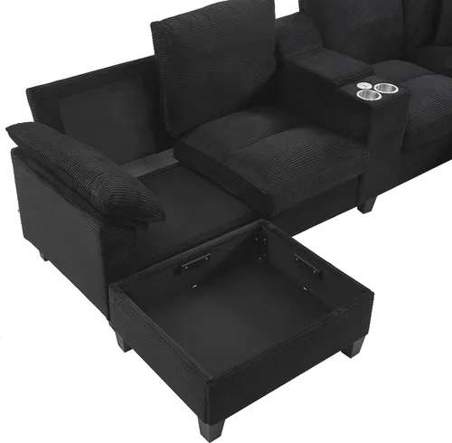 Vista 5 de Sofá modular en forma de L de 120.3 pulgadas con otomana de almacenamiento, cómodo sofá de gran tamaño con puerto USB, almacenamiento lateral
