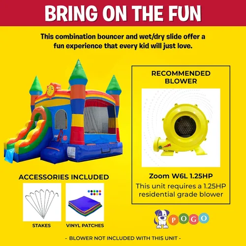 Vista 11 de Pogo Bounce House Crossover inflable con tobogán sin soplador, arcoíris sonriente 18 x 12 x 14.5 Foot Bounce House Combo Waterslide with