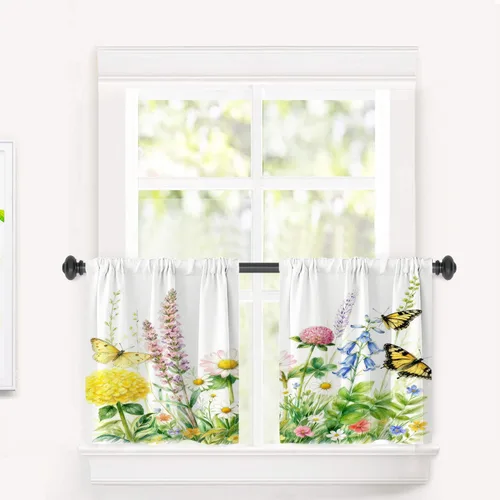 Vista 66 de Cortinas geométricas de cocina para ventanas, color negro, blanco, turquesa, cenefas opacas de poliéster multicapa para cocina, paquete de 2