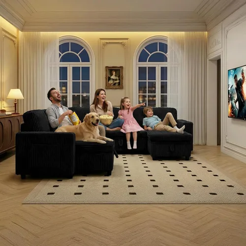Vista 4 de Sofá cama modular de 103.5 pulgadas con cama extraíble, sofá de gran tamaño con almacenamiento, sofá modular para sala de estar, color beige Negro