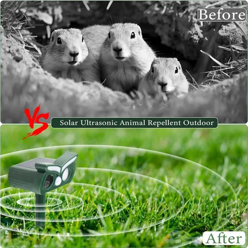 Vista 2 de Repelente solar de ciervos, repelente ultrasónico de animales al aire libre, repelente de ardillas, repelente de ratones, repelente de gatos al aire
