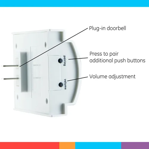 Vista 3 de Kit de timbre inalámbrico GE, receptor enchufable, timbre de puerta con 1 botón, timbre de puerta con 2 melodías, 4 niveles de volumen, timbre
