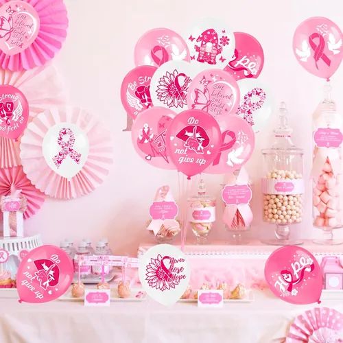 Vista 3 de HOWAF Globos decorativos de concientización sobre el cáncer de mama, globos de látex Hope Strength Courage para recuerdos de fiesta de cinta rosa