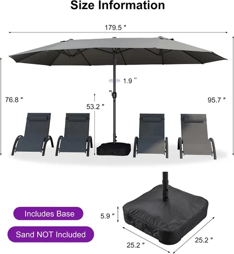 Vista 53 de PURPLE LEAF - Sombrilla de mercado de patio de 13 pies con base rectangular doble cara, sombrilla de mesa para exteriores con manivela, 12 varillas