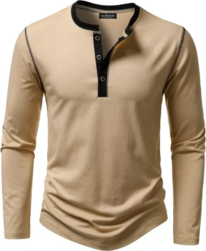 Vista 12 de LucMatton Camiseta de manga larga para hombre, ajuste entallado, elástica, estilo Henley, casual, con solapa de 3 botones