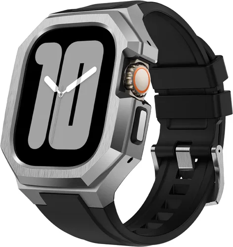 Vista 11 de Estuche de metal de lujo con correa compatible para Apple Watch de 44 mm, 45 mm, 46 mm, 49 mm, cubierta protectora resistente para hombre con correa