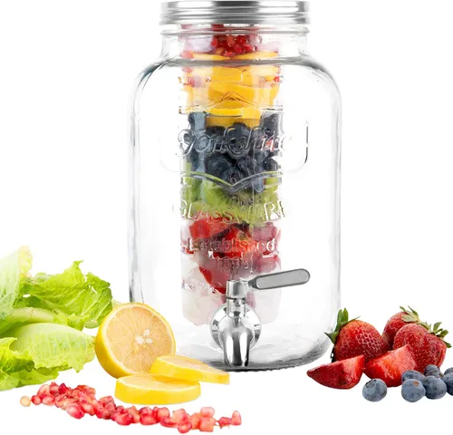 Vista 7 de Dispensador de bebidas de vidrio de 2 galones con infusores de hielo y frutas, espita de acero inoxidable y tapa de metal, dispensador de bebidas