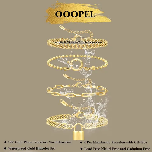 Vista 2 de OOOPEL 4 pulseras de oro chapadas en oro de 18 quilates de acero inoxidable para mujer, pulseras de cadena de serpiente, pulseras de eslabones