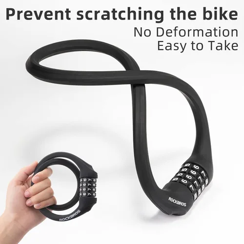 Vista 5 de ROCKBROS Candados de cable de bloqueo de bicicleta con combinación antirrobo, combinación de 4 dígitos, cerradura de bicicleta ligera, bloqueo