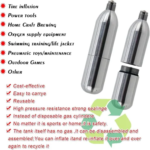Vista 2 de Cartucho de CO2 recargable de acero inoxidable reutilizable con enchufe macho de 0.315 in y rosca UNF de 3/8"-24UNF para Airsoft, inflado