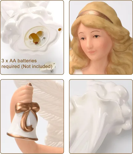 Vista 3 de Art Lins Escultura de ángel rezando con luz LED – Figura de ángel guardián de porcelana fina de 12.9 pulgadas que sostiene una campana, decoración