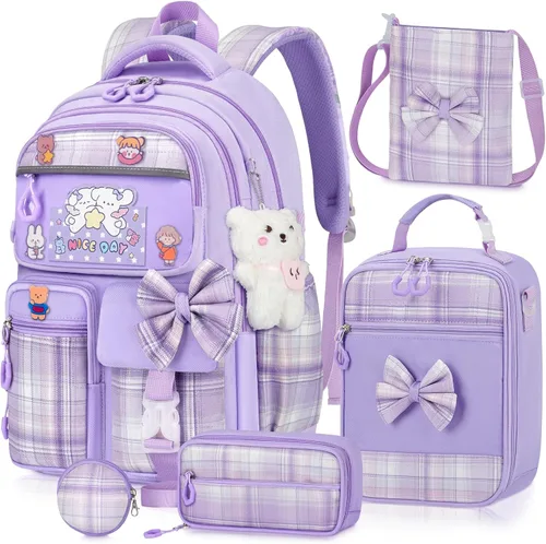 Vista 7 de Mochila para niñas con juego de lonchera, 5 piezas, color negro, linda mochila Kawaii para adolescentes, mochila escolar estética para primaria