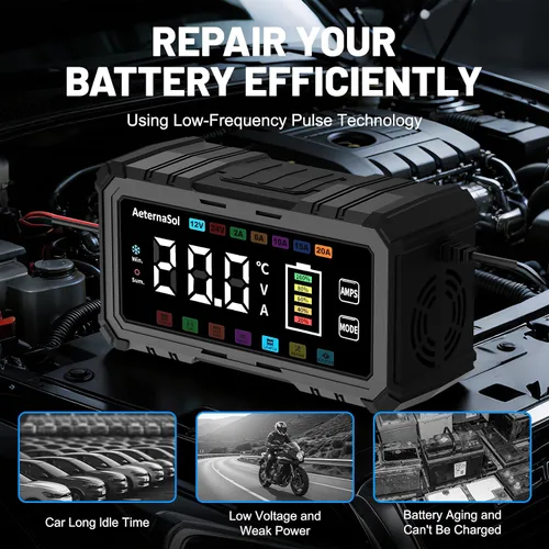 Vista 3 de Cargador de batería de coche inteligente 20A, mantenimiento del cargador de 12V 12A