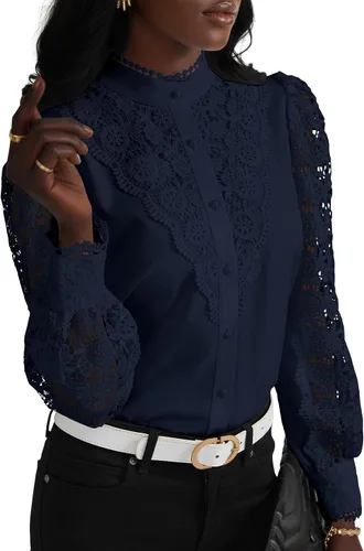 Vista 21 de Rooscier Blusa Elegante de Encaje de Crochet con Cuello Alto Simulado de Manga Larga con Botones para Mujer Top
