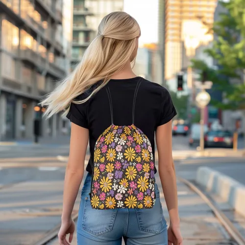 Vista 6 de jejeloiu Groovy Flower Gym String Bag 13"x15.7" Retro Floral Boho Drawstring Backpack for Decor 70S Hippie Flowers Bohemian Drawstring Bags Garden