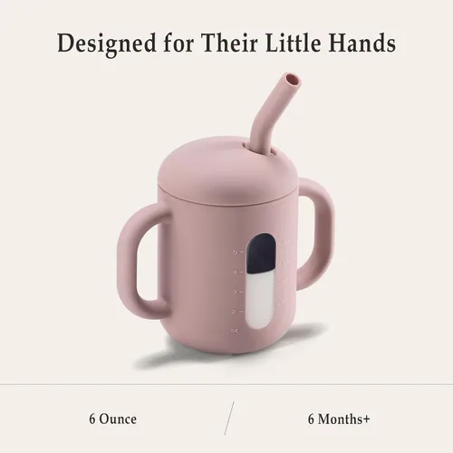 Vista 6 de CLYMENE Taza de entrenamiento de silicona con popote y asas, taza para beber para bebé, taza para beber agua para bebés y niños pequeños de 6 meses
