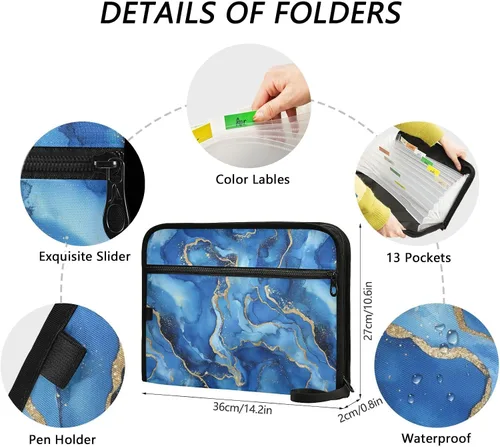 Vista 3 de Carpeta de archivos expandible repelente al agua de mármol azul con 13 bolsillos, organizador de acordeón con bolsillo frontal con cremallera