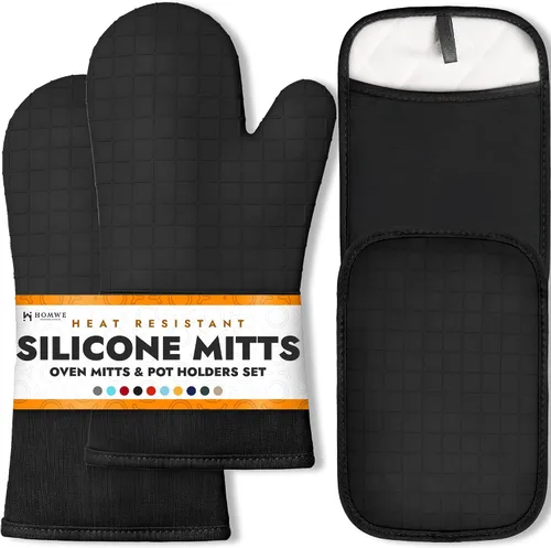 Vista 13 de HOMWE - Manopla de horno profesional y extralarga de silicona, guantes con forro acolchado, agarraderas resistentes al calor, guantes flexibles