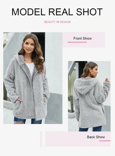 Vista 3 de Dokotoo - Chaqueta de invierno de manga larga para mujer, de vellón, cárdigan para el invierno, mullida, color liso, frente abierto, con capucha