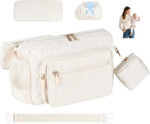 Vista 10 de Rexmore Bolso de Cadera Acolchado para Mamá - Bolso Compacto de Mujer con Cambiador Portátil y Bolsillo para Toallitas, Organizador de Viaje y Negro