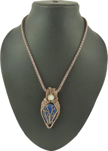 Vista 4 de Impresionante collar con colgante de árbol de la vida de cobre con piedras preciosas hechas a mano y cadena de 20 pulgadas, perfecto