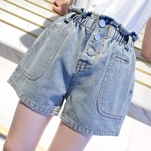 Vista 3 de Rolanko Pantalones cortos de mezclilla para niñas, cintura elástica, pantalones cortos de mezclilla de verano para niños de 4 a 14 años