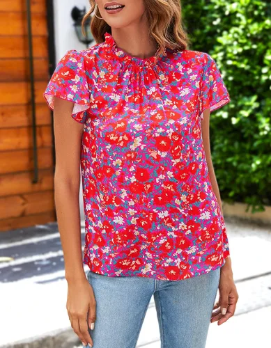 Vista 6 de SimpleFun - Blusas de verano con volantes y cuello de moca estilo bohemio para mujer, manga corta, estampado floral