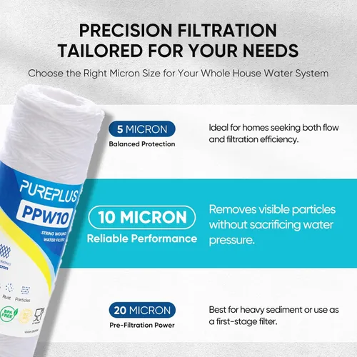 Vista 2 de PUREPLUS Filtro de sedimentos para heridas de cuerda para toda la casa de 10 micrones de 10 x 2.5 pulgadas para agua de pozo, cartucho de repuesto