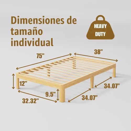 Vista 2 de Marco de cama doble de madera de bambú de 12 pulgadas con soporte de listones de metal