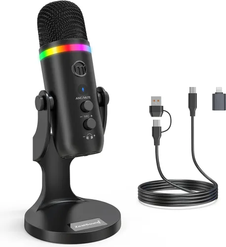 Vista 13 de ZealSound Micrófono de podcast para PC, micrófono USB con cancelación de ruido con ganancia, ajuste de volumen y botón de silencio, monitoreo y eco