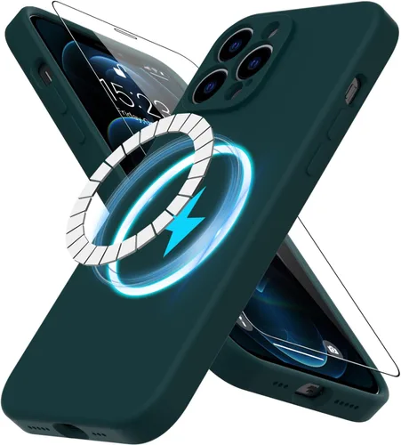 Vista 12 de DEENAKIN Funda magnética de silicona para iPhone 12 Pro con protector de pantalla, compatible con MagSafe, protección de cámara, funda protectora