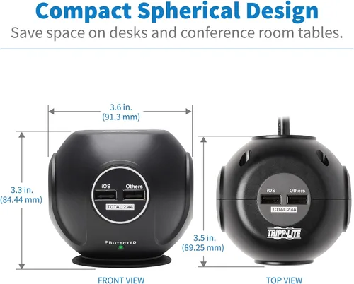 Vista 5 de Tripp Lite Protector de sobretensiones esférico de 3 tomas, 4 puertos USB (4.8A compartido) - Cable de 6 pies (6.0 ft), enchufe 5-15P, 540 julios