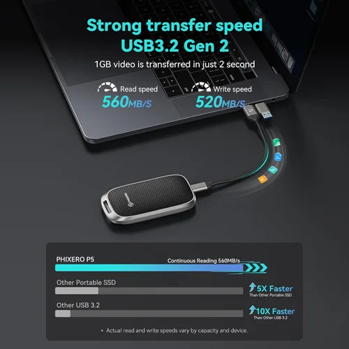 Vista 2 de PHIXERO P5 SSD portátil externo de 1 TB - Disco duro externo de 5 Gbps con USB C a C 2 en 1 y cable USB C a A para PC, Mac, PS5, Xbox, antigolpes