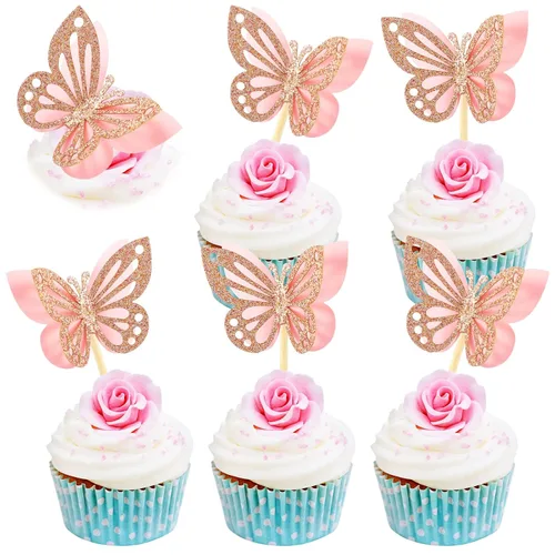 Vista 9 de Chinco 48 piezas de decoración de pastel de mariposa, decoración de cupcakes de doble capa ensamblada, decoración de pastel de 3D con purpurina