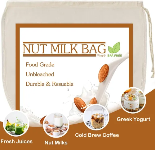 Vista 5 de 3 bolsas de leche de nuez de 12 x 12 pulgadas, 100% algodón sin blanquear, colador de alimentos reutilizable para colar leche de almendra/avena