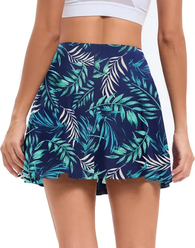 Vista 6 de Oyamiki Trajes de baño de cintura alta para mujer, con control de abdomen, falda pantalón con bolsillo con cremallera y falda de natación