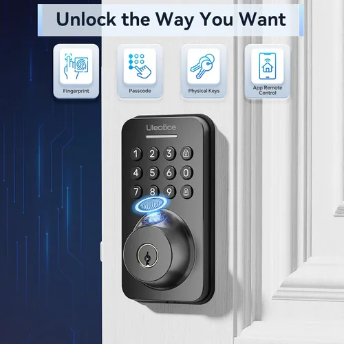 Vista 2 de Cerrojo de puerta de entrada sin llave Ulecoce con mango - WiFi incorporado, huella digital, control de aplicación y timbre, teclado electrónico