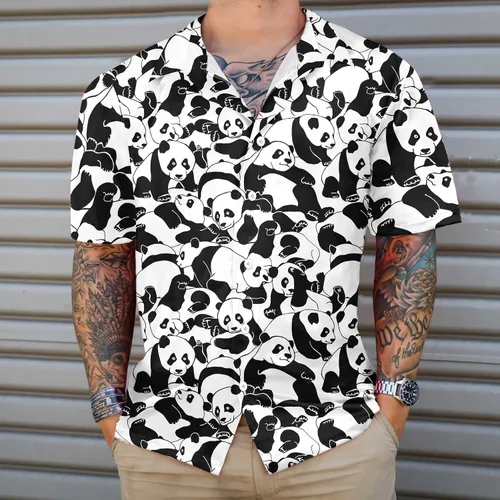 Vista 4 de Camisa hawaiana de dibujos animados Young Pandas camisa de playa Aloha camisa de verano para hombre manga corta camisas de playa verano hawaiano