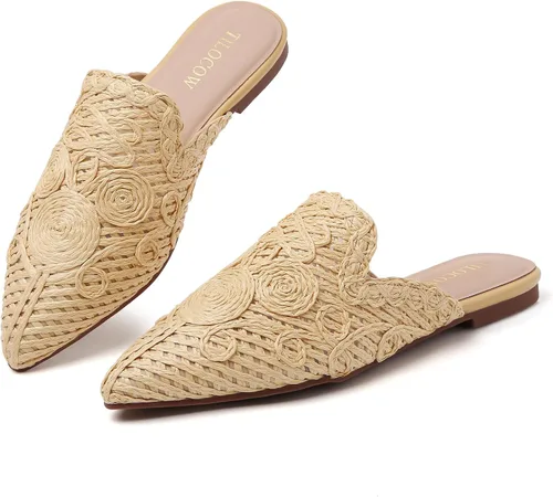 Vista 17 de Tilocow Mules para mujer, cómodos mocasines puntiagudos, sin espalda, planos, zapatos casuales de negocios, deslizantes, sin cordones beige