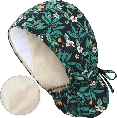 Vista 12 de QBA Gorra de trabajo ajustable con botón, gorro forrado de satén, gorro de trabajo de algodón, banda elástica para atar en la espalda, unisex