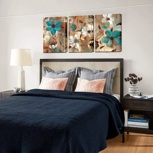 Vista 3 de Biuteawal - Pintura abstracta de flores sobre lienzo, arte de pared, diseño floral azul y blanco, ilustraciones decorativas contemporáneas