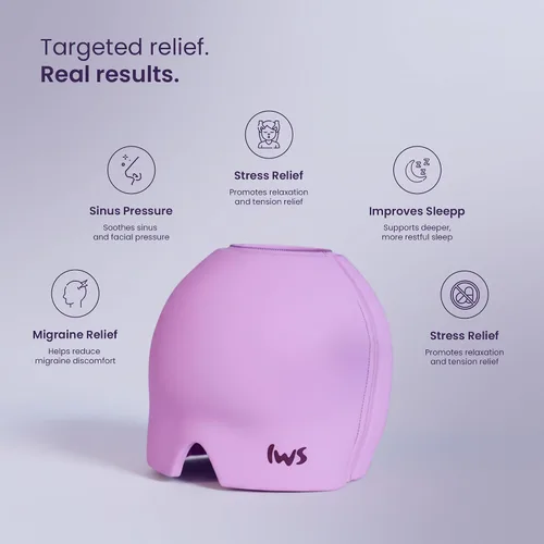 Vista 7 de IWS Aliv Head Gel Máscara de alivio de migraña – Tapa de gel de terapia caliente y fría para dolor de cabeza, presión sinusal y alivio del estrés