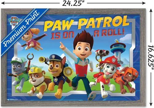 Vista 3 de Nickelodeon Paw Patrol - Póster de pared de tripulación, 22.4 pulgadas de largo x 14.7 pulgadas de ancho, versión enmarcada de madera de granero
