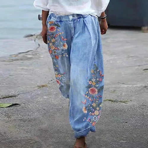 Vista 2 de GOKKILRW Pantalones de mezclilla holgados para mujer, estilo harén, pierna ancha, estampado floral, holgado, hawaiano, hippie, Y2K, pantalones