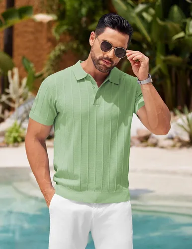 Vista 18 de COOFANDY Camisas polo de punto para hombre de manga corta con textura acanalada Camisas de golf casuales y ligeras con cuello Camiseta de polo
