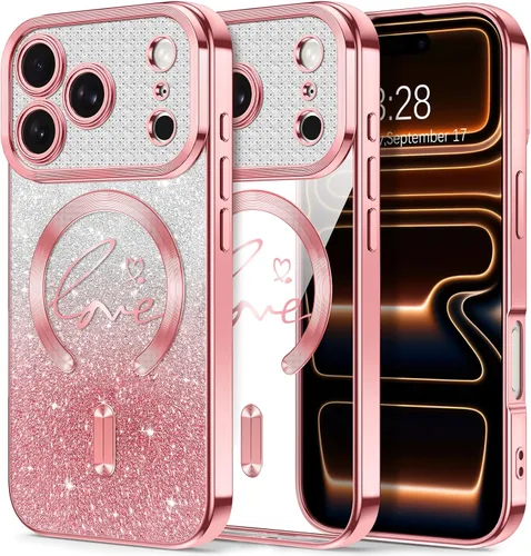 Vista 22 de Hython Funda para iPhone Air con purpurina, compatible con MagSafe Love Heart fundas magnéticas transparentes para teléfono para mujeres y niñas